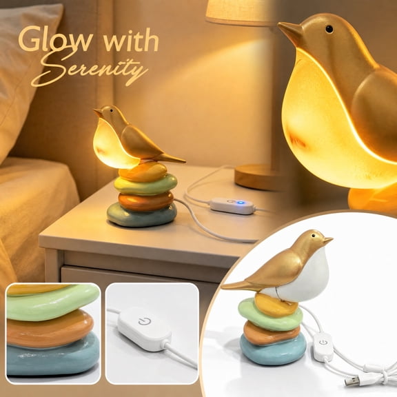 Bird Night Light, Warm White LED Table Lamp with USB Power, Stacked Stone Accent for Bedroom and Living Room, 4.72 in
