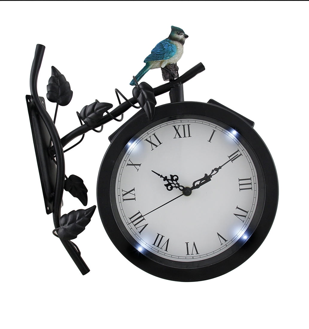 Bird On Ivy Branch Black Metal Solar Powered LED Outdoor Wall Clock
