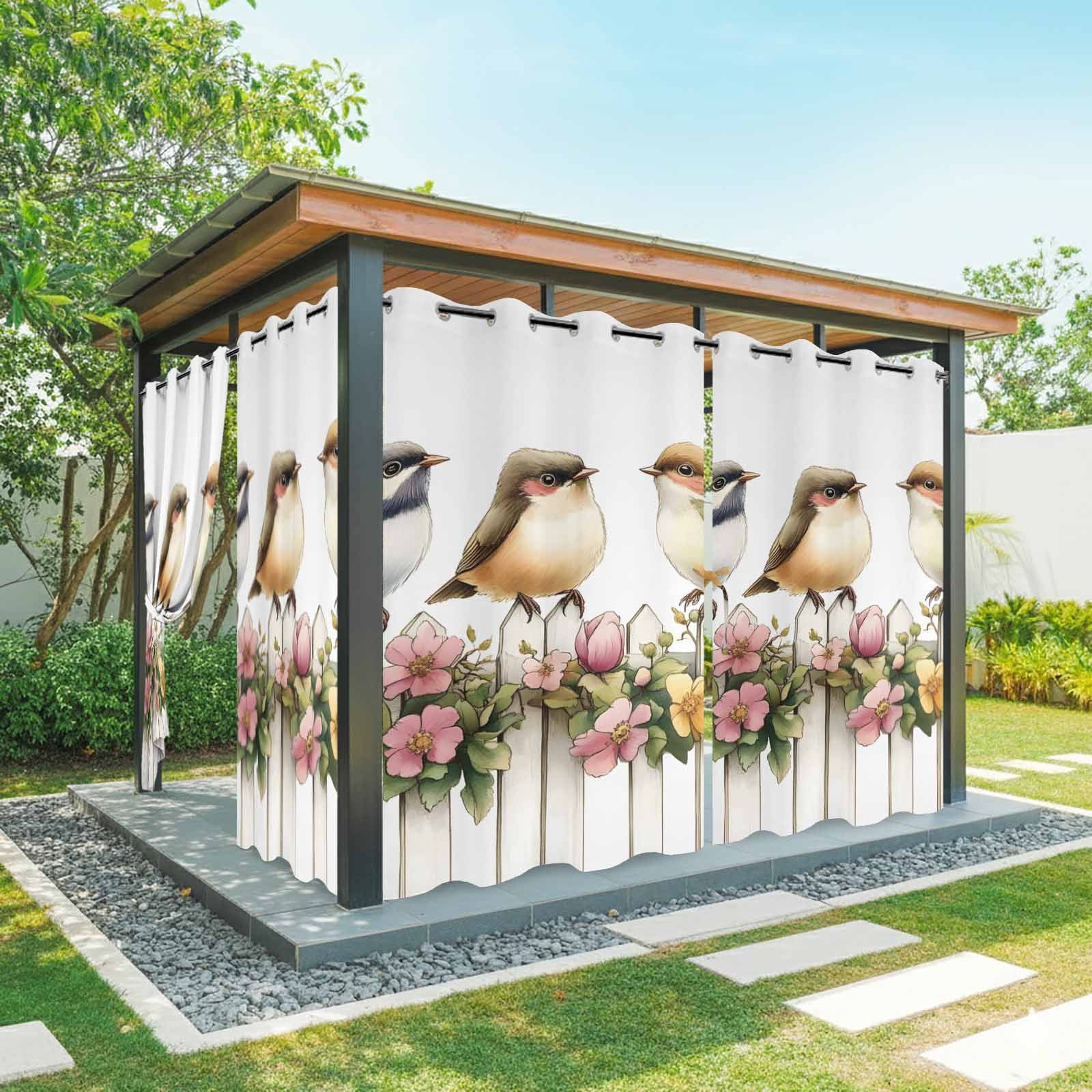 Waterproof Spring Bird Outdoor Curtains for Patio Waterproof, Spring Flower Fence Grommet ...
