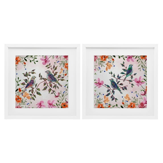 Stupell Industries Bird Pairs & Country Florals 2 Piece White Framed Print Under Glass Set, design by Adonna Ebrahimi, 13 x 13