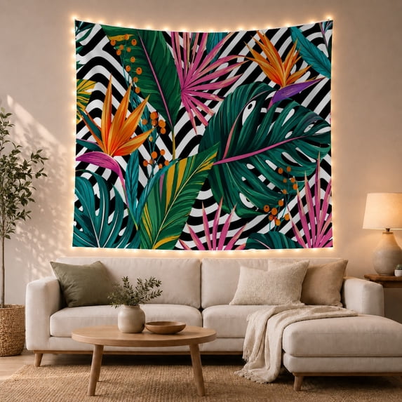 Bird of Paradise Flowers on Zebra Stripes, Energetic Maximalist Style for Flower Lovers, Tropical Decor, Housewarming Gift, Tapestry Wall Hanging for Bedroom and Living Room