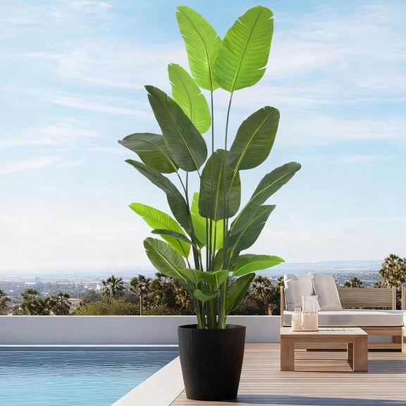 Bird of Paradise Plant Artificial 8ft, Faux Plants Indoor Tall with 24 Realistic Leaves, Large Fake Tropical Floor Plant with Black Pot for Home Patio Poolside Garden Indoor Outdoor Decor
