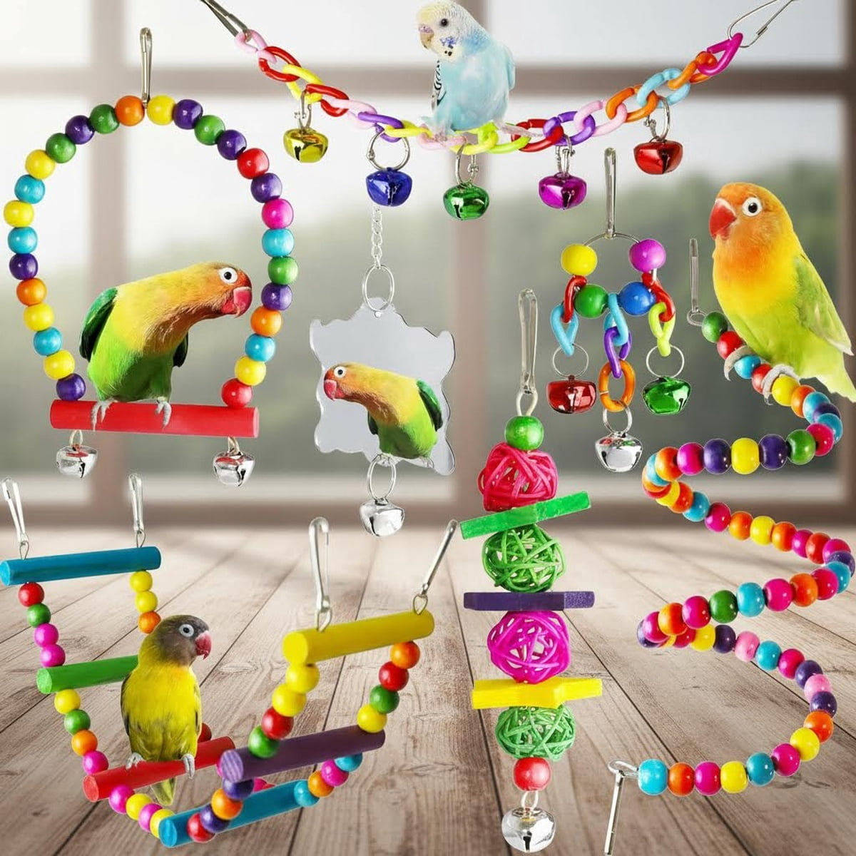 Bird Parakeet Cockatiel Toys, Parrots Cage Hammock Swing Climbing Ladders Wooden Perch Chewing Toy