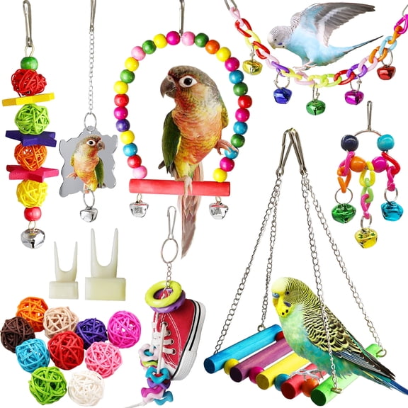 Bird Parakeet Toys,Swing Hanging Standing Chewing Toy Hammock Climbing Ladder Bird Cage Colorful Toys Suitable for Budgerigar, Parakeet, Conure, Cockatiel, Mynah, Love Birds, Finches(19pcs)