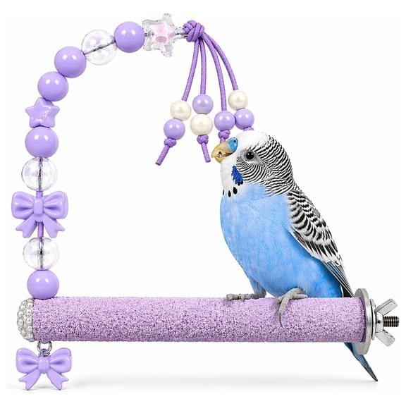 Bird Parrot Perch with Beads and Bow Chew Toy,Cage Platform Toy for Budgies Parakeets Cockatiels Conures and Lovebirds(Purple)