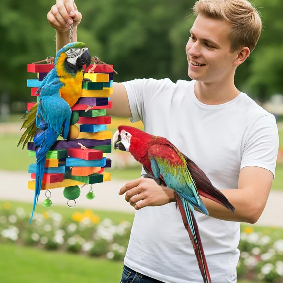 Bird Parrot Toys for Macaws, African Grey, Amazon Parrots Multicolored Natural Wooden Blocks Chewing Toy Cage Bite Toy