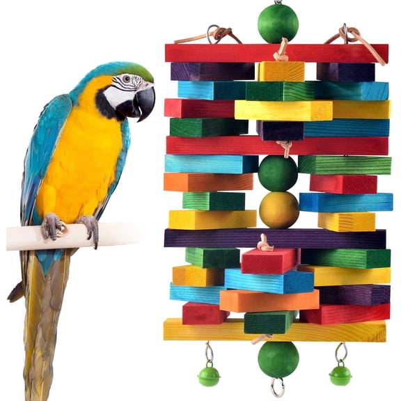 Bird Parrot Toys for Macaws, African Grey, Amazon Parrots Multicolored Natural Wooden Blocks Chewing Toy Cage Bite Toy