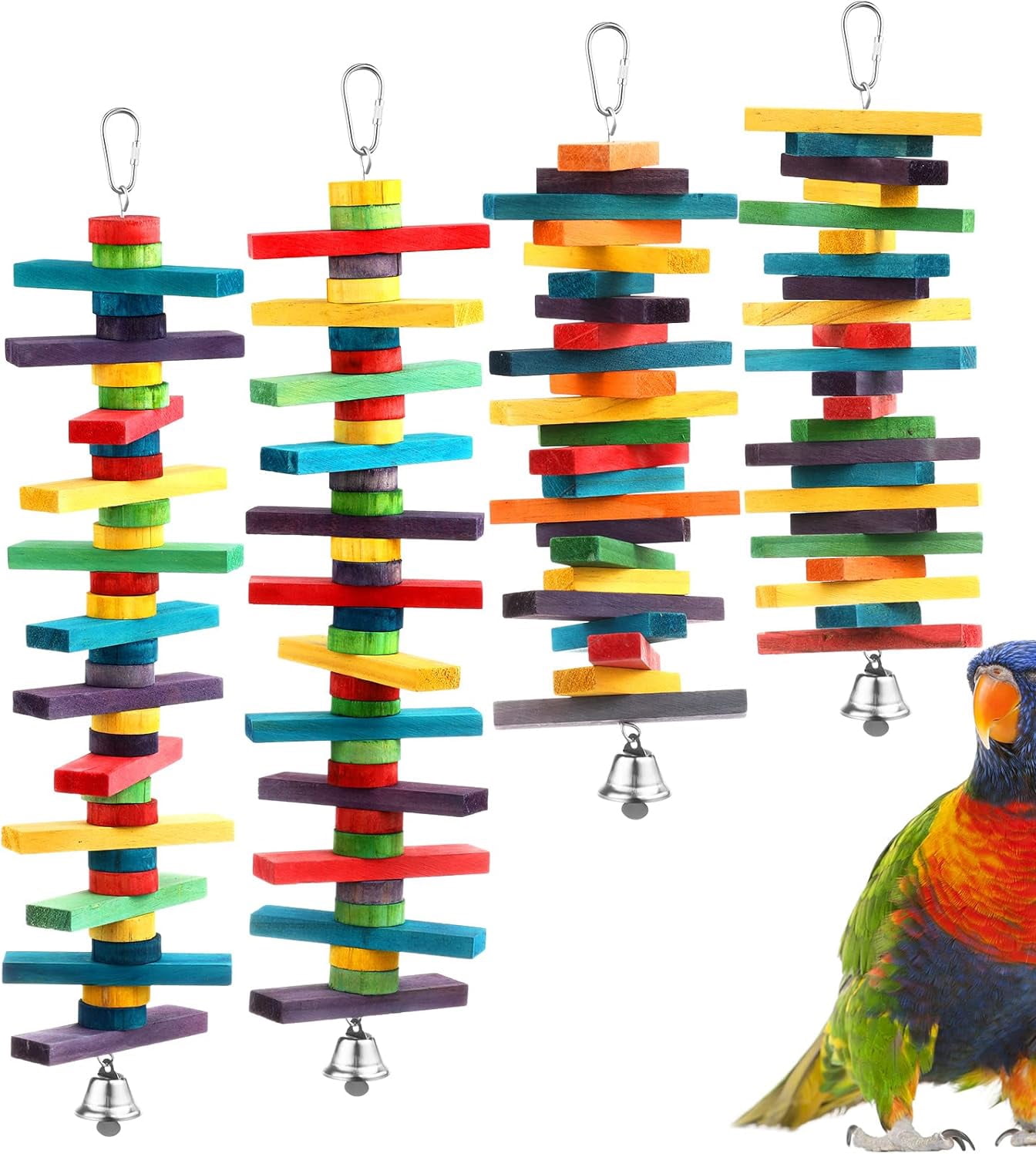 Bird Parrot Toys with Multicolored Natural Wood Blocks, Bird Chew Toys for Parrots Chewing Biting Foraging, 2 Designs