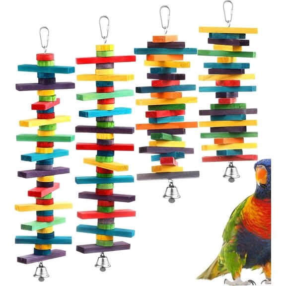 Bird Parrot Toys with Multicolored Natural Wood Blocks, Bird Chew Toys for Parrots Chewing Biting Foraging, 2 Designs
