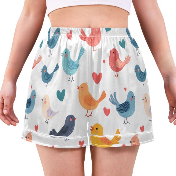 Bird Pattern Women's Pajama Shorts Silky Satin Casual Lounge Sleep Zero Pressure