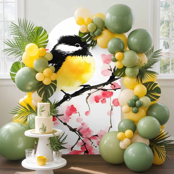 Bird Peach Blossom Arch Backdrop Cover, 6FT, Watercolor Animal Branch Plant Spandex Arch Covers Double-Sided Backdrop for Wedding Birthday Party Photo Background Decoration