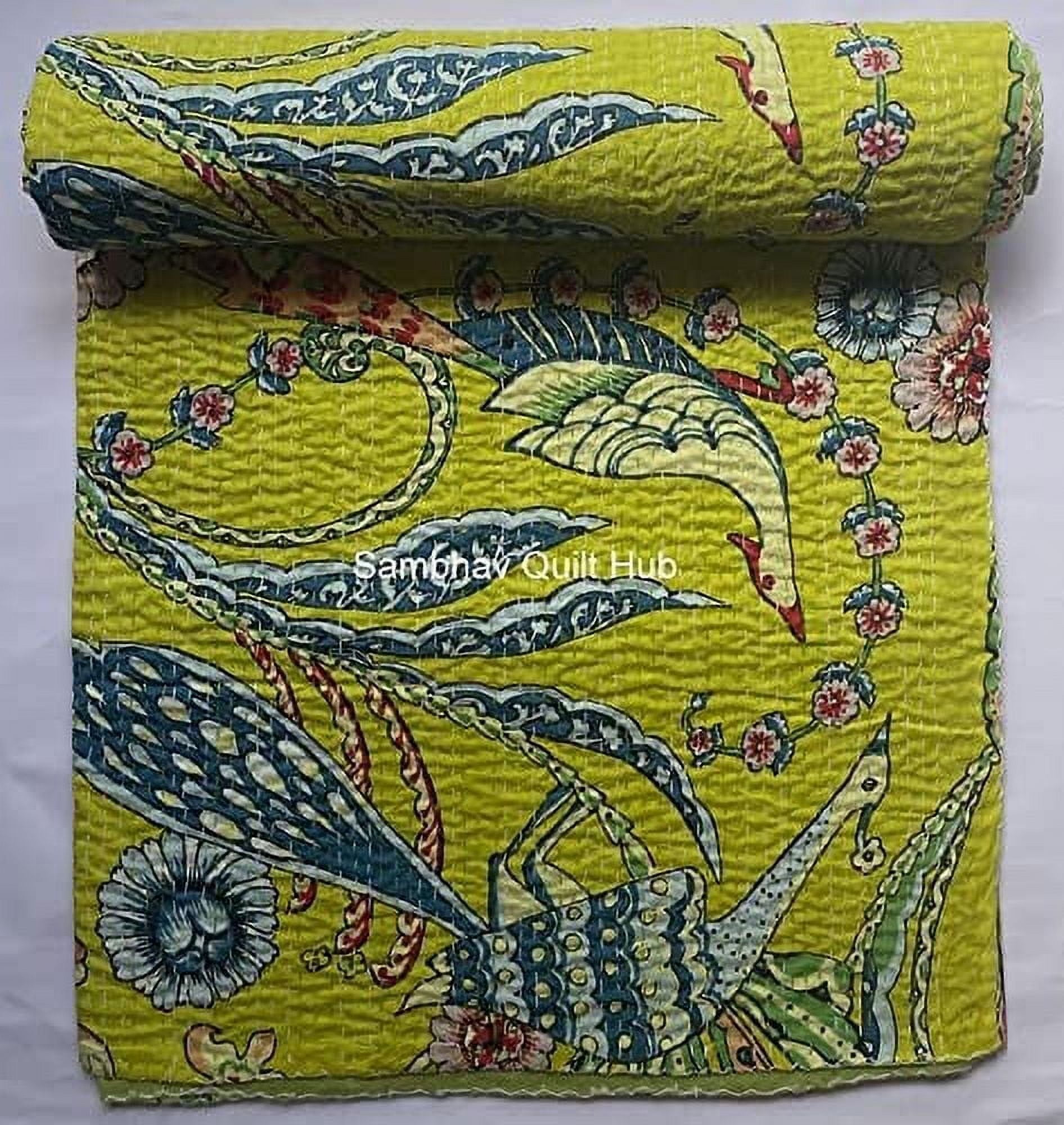 King Size Handmade Kantha Quilt – Floral Black Cotton Bedspread, Indian Style Bedcover