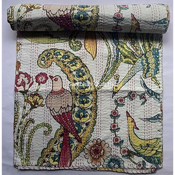 Bird Peacock animal Print Cotton Handmade Handblock Kantha Quilt Bohemain Decor Queen Size / King Size / Twin Size Bedspread Boho Coverlet Throw Blanket