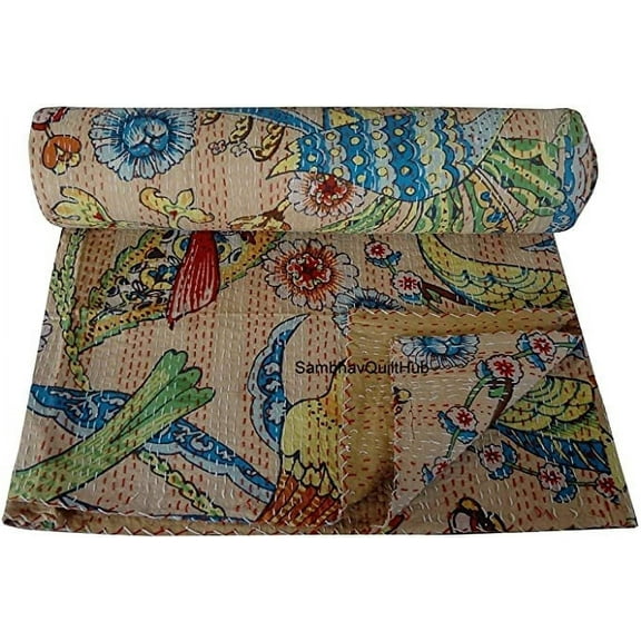 Bird Peacock animal Print Cotton Handmade Handblock Kantha Quilt Bohemain Decor Queen Size / King Size / Twin Size Bedspread Boho Coverlet Throw Blanket with 2 pillow cover