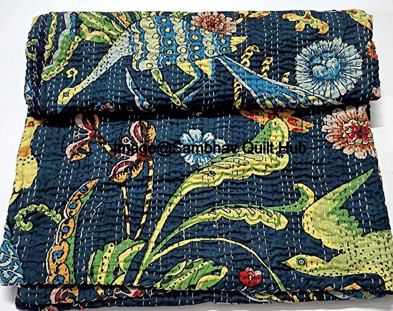 Bird Peacock animal Print Cotton Handmade Handblock Kantha Quilt Bohemain Decor Queen Size / King Size / Twin Size Bedspread Boho Coverlet Throw Blanket