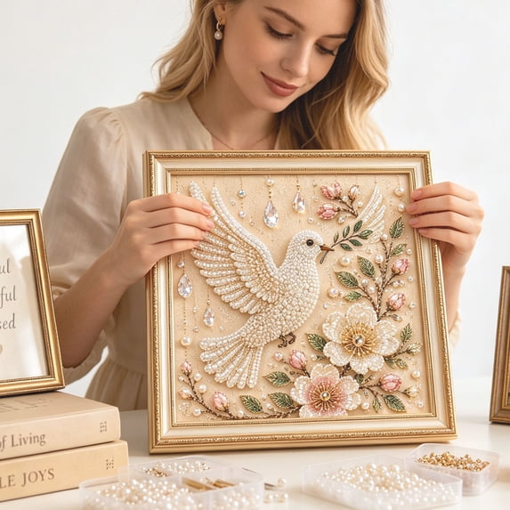 Bird Pearl Art DIY Kit, Beaded Embroidery Bird Flower Art with Crystal Pearl Rhinestones, Printed Canvas and Golden Framed Handmade Painting Set for Home Wall Decor