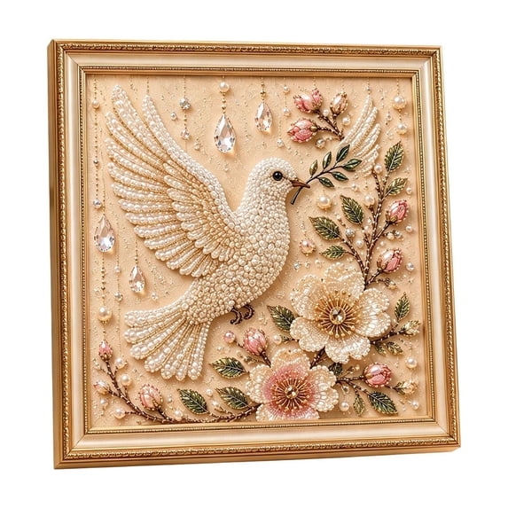 Bird Pearl Art DIY Kit, Beaded Embroidery Painting Set with Crystal Pearls and Rhinestones, Pre-Printed Canvas with Golden Frame, Floral Bird Patterns, Tabletop or Wall Decor, Creative Gift