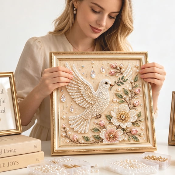 Bird Pearl Art DIY Kit DIY Beaded Embroidery Bird Flower Art Kit Crystal Pearl Rhinestone Handmade Painting Set With Golden Framed -Printed Canvas Bead