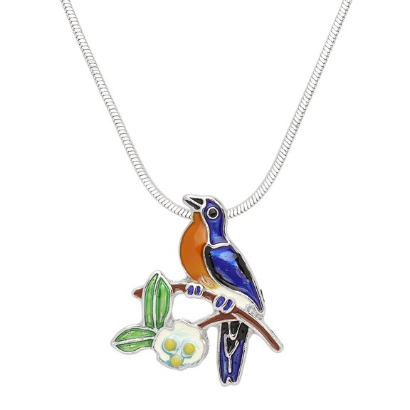 Bird Pendant Necklace Hand Painted Rhodium Plated 17 Inch Snake Chain J0973
