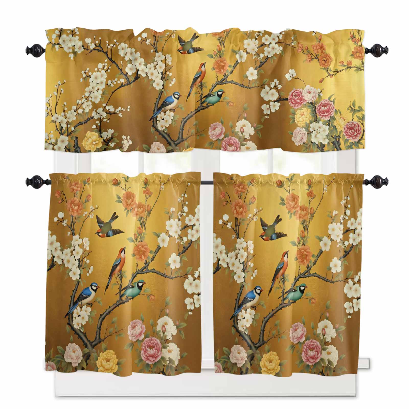 Chinese Pattern Valances Bird Peony Floral Kitchen Curtains Valances and Tiers Vintage Branch ...