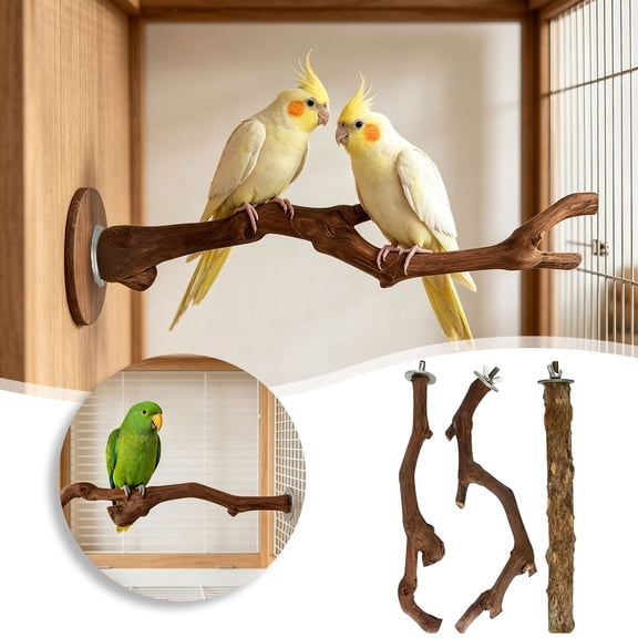 Bird Perch Natural Wood Parrot Stand Grinding Fork Chewing Branch Easy‑Install Cage Accessory For Macaws Parakeets Budgies Bird 7.9 x 2.4 in A