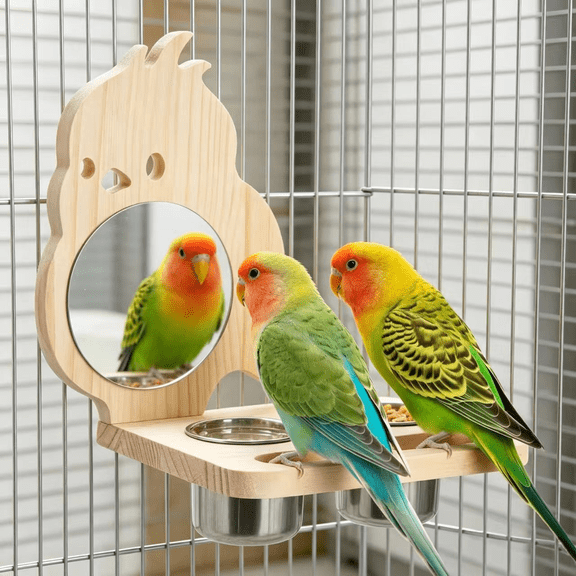 Bird Perch Platform Toy with Mirror, Wooden Standing Rack with 2 Stainless Steel Bowls, Cartoon Bird Cage Accessory for Cockatiels Parakeets Budgies Hanging Feeding Station