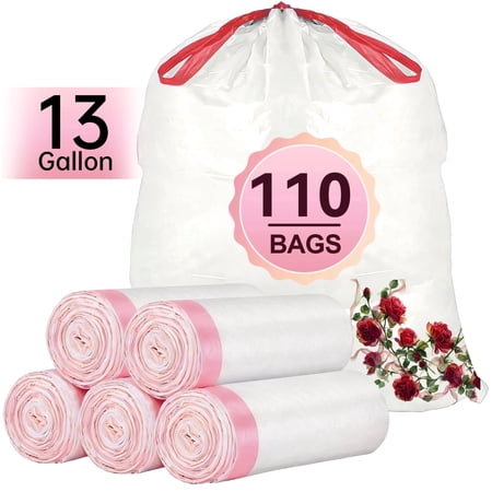 13 Gallon Trash Bags Rose Scented (110 Count), Tall Kitchen Drawstring Garbage Bags