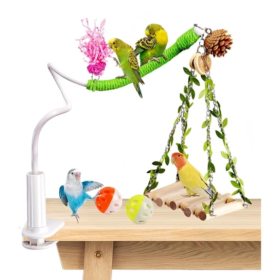Bird Perch Stand with Swing, Desktop Bird Toy & Stand for Interacting, Interactive Playground for Sun Conure, Lovebirds, Conure, Budgie, Cockatiel - Non-Slip Adjustable Perch