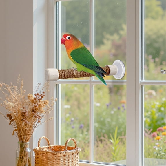 Bird Perch with Strong Suction Cup, Natural Rope Standing Pole for Small and Medium Birds, Window Mount Perch for Parakeets Cockatiels Lovebirds Finches, Car and Home Glass Stand