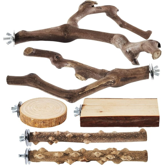 Bird Perch & Toy Set - 6-Piece Natural Wood Grape Sticks & Paw Forks for Budgies, Cockatiels, Conures