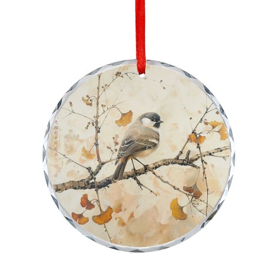 The Bird Perched on The Branch of A Ginkgo Tree Christmas Ornament Holiday Home Decor Vintage Animal Watercolor Print Crystal Glass Christmas Decor with Holiday Design