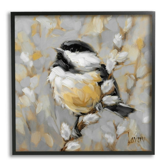 Bird Perched Pussy Willow Wildlife Animals & Insects Painting Black Framed Art Print Wall Art