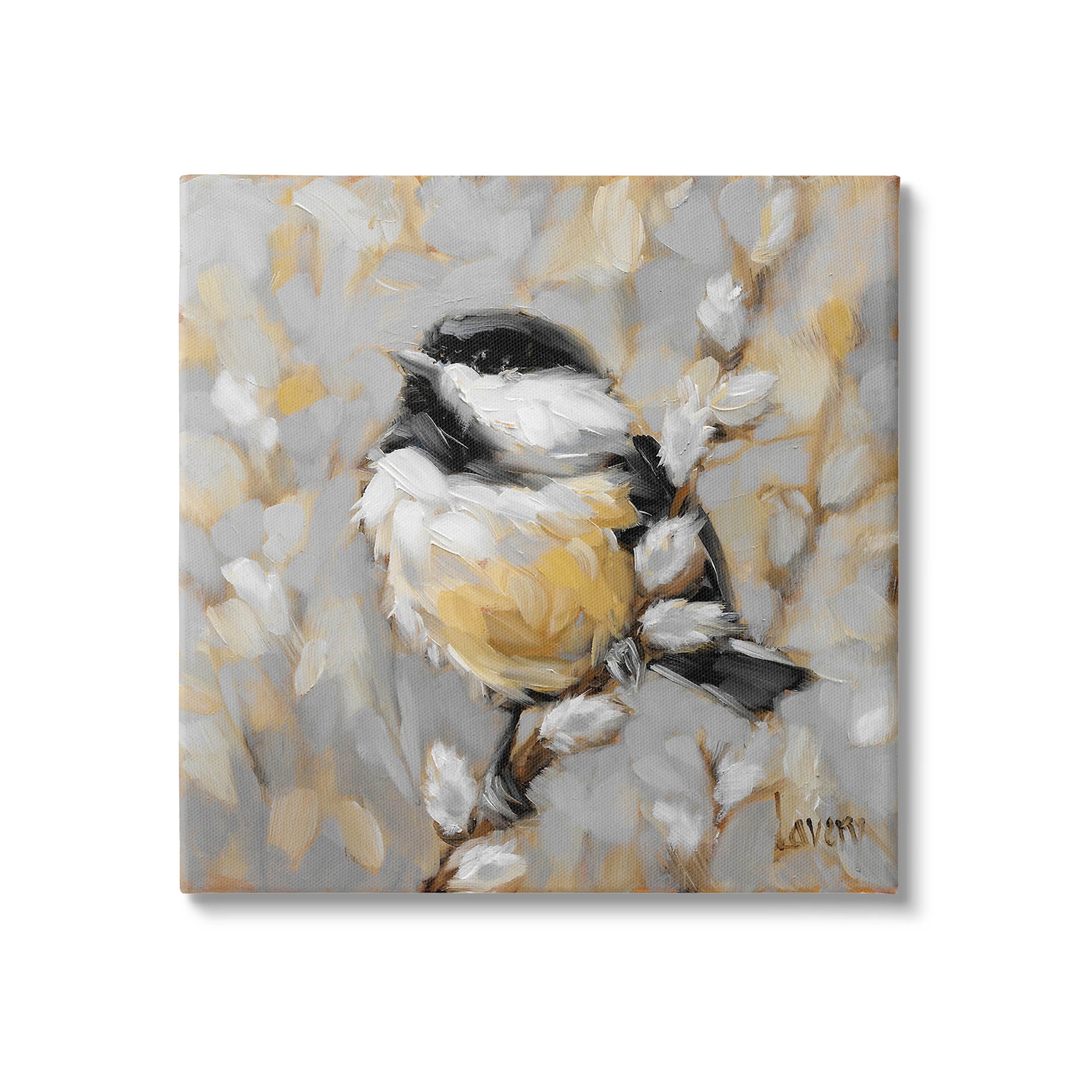 Bird Perched on Pussy Willow Gray and Yellow Canvas Art