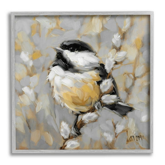 Bird Perched Pussy Willow Wildlife Animals & Insects Painting Gray Framed Art Print Wall Art