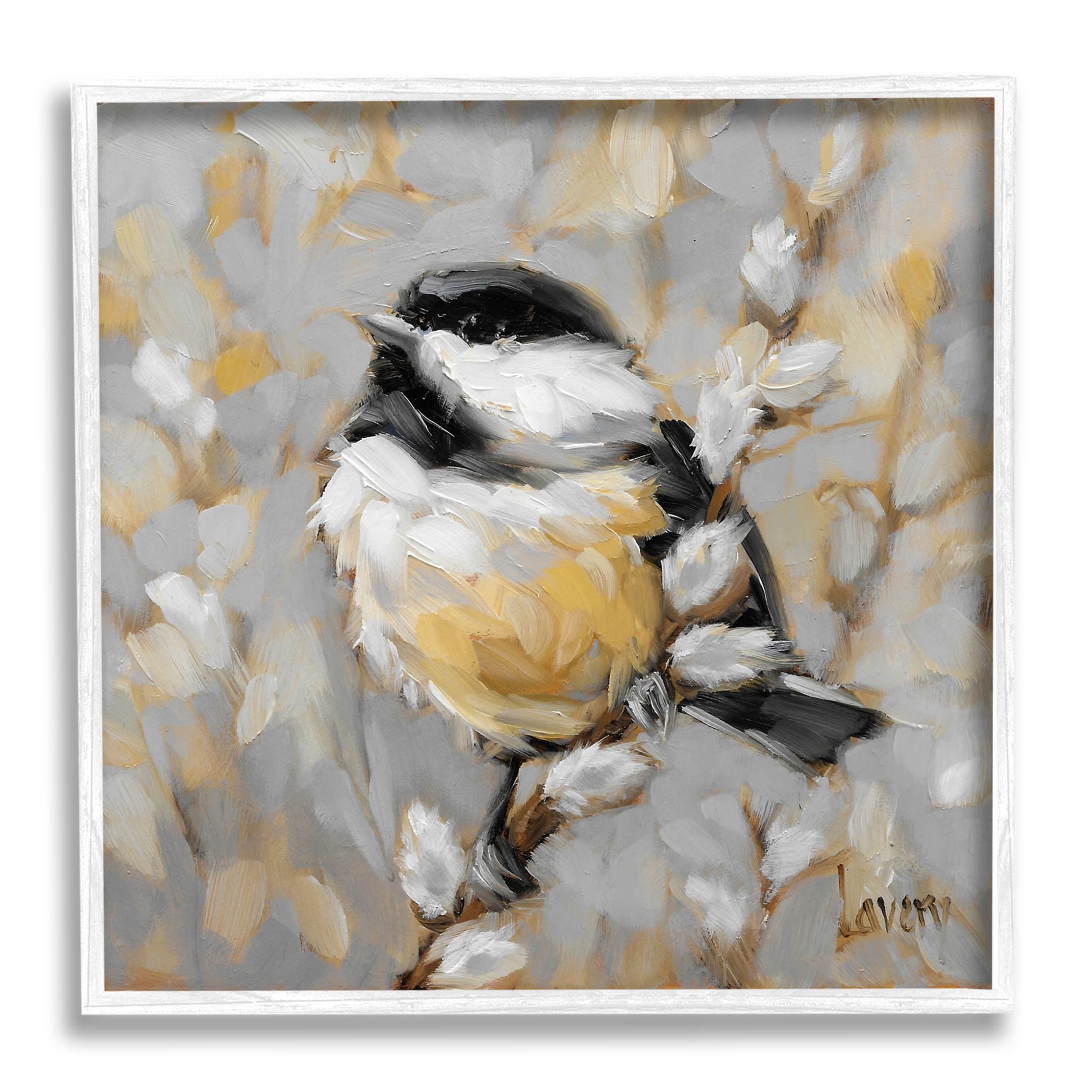 White Framed Bird Perched on Pussy Willow Painting Print
