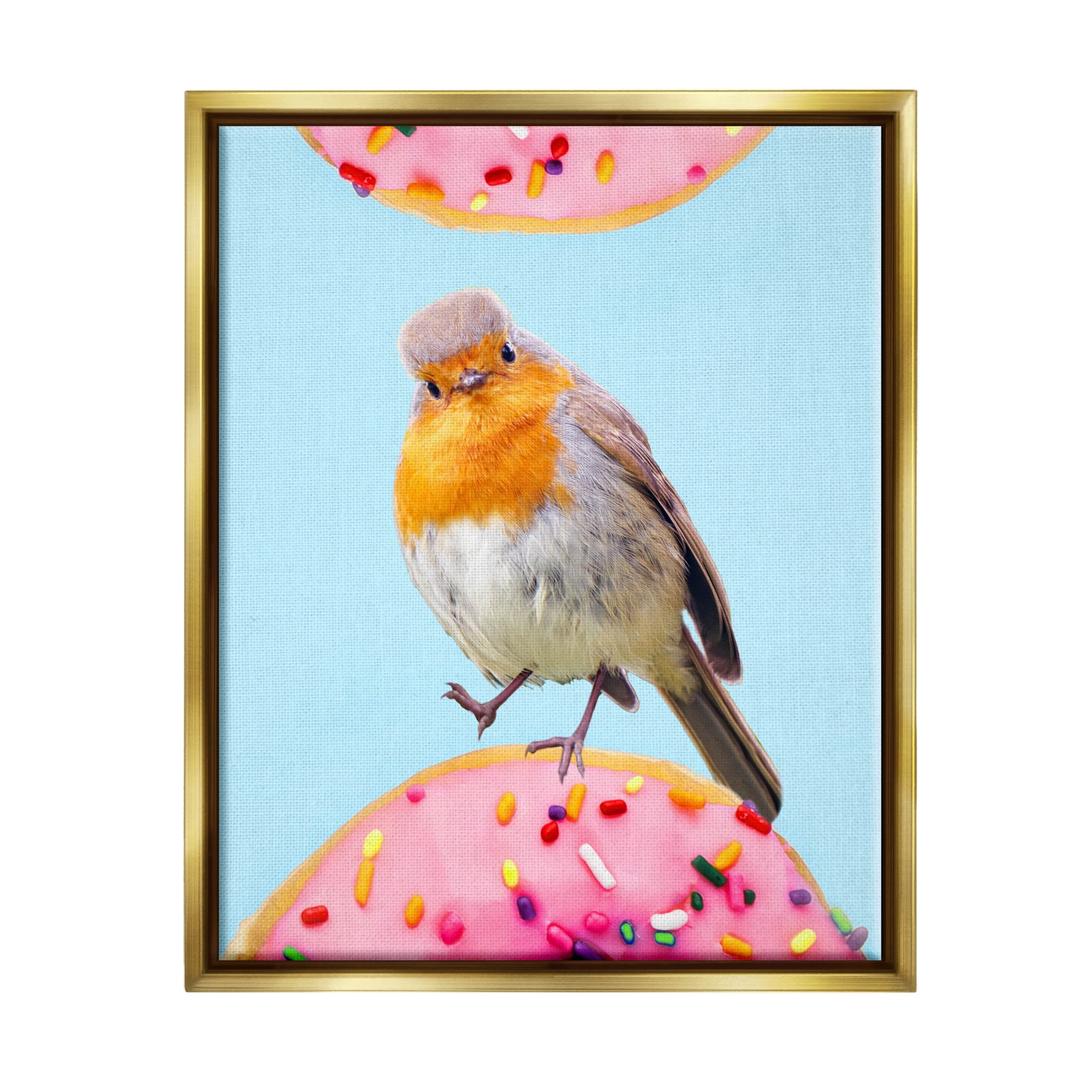 Bird Perched Sprinkled Donut Animals & Insects Graphic Art Metallic Gold Framed Art Print Wall Art