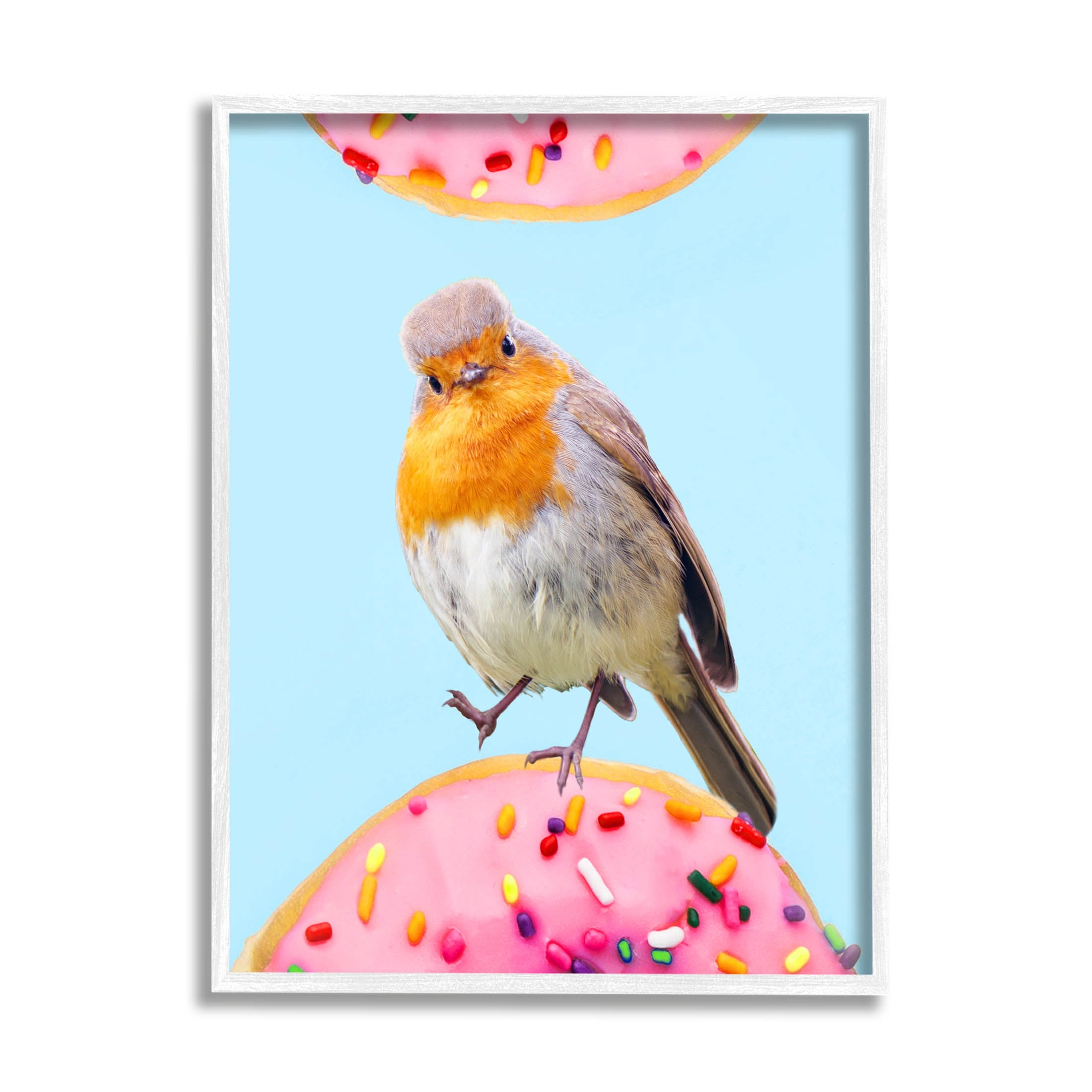 Bird Perched Sprinkled Donut Animals & Insects Graphic Art White Framed Art Print Wall Art