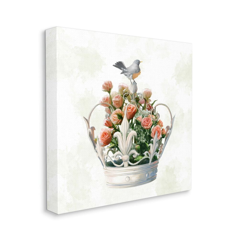 Bird Perched on Regal Crown Floral Rose Bouquet Animals & Insects Gallery-Wrapped Canvas Print Wall Art, 17x17