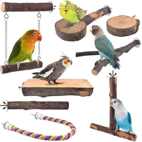 Bird Perch, 8 pcs Natural Wood Bird Cage Accessories Hanging Multi-Branch Perch Platform Swing Rope for Small and Medium