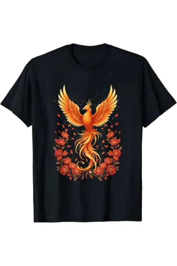 Bird Phoenix Flaming Feathers Floral Halo Goth Tee