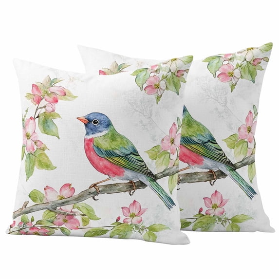 Bird Pillow Covers 2 Pack Spring Pink Flower Pillowcase Waterproof Outdoor Throw Pillow Cover for Patio Garden Square Cushion 24”x24”