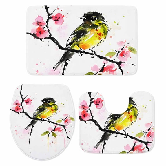 Bird Pink Peach Blossom Bathroom Rugs Set Watercolor Animal Branch Plant Non Slip Absorbent Soft Bath Mats 3 Piece Set with Bathroom Rug, U-Shaped Floor Mat, Toilet Seat Cover Large Size