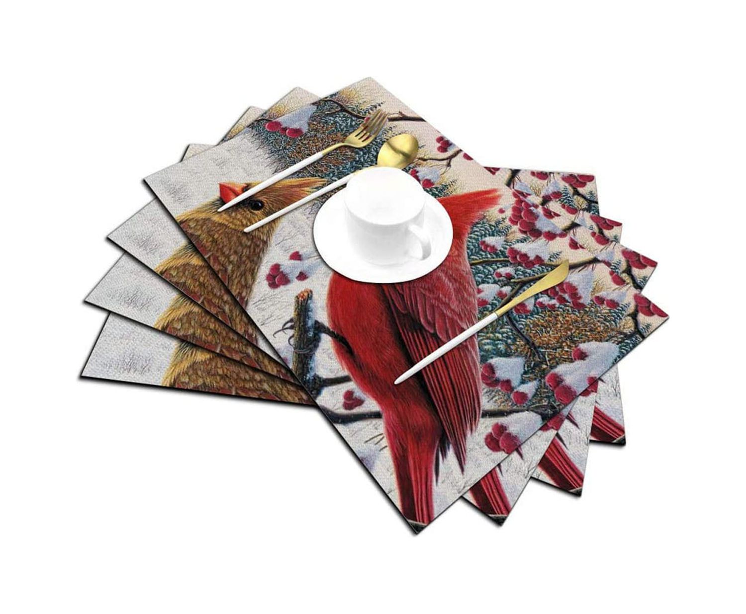 Bird Placemats Set of 4, Winter Cardinal Birds with Snow Red Brown