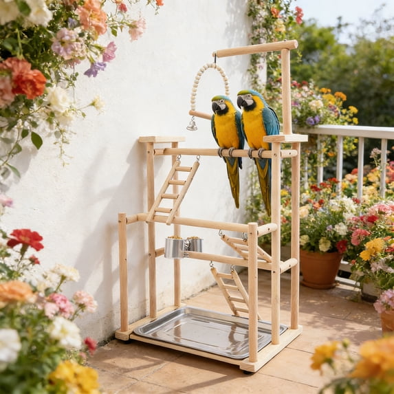 Bird Playground, Beech Wood Parrot Stand Parakeet Playground Cockatiel Stands Rack Bird Perch Stand with 3 Ladders A Swing A Tray and Feeder Cups for Most Mid-Sized and Small-Sized Birds