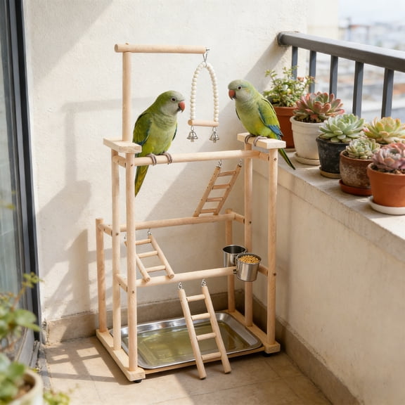 Bird Playground, Beech Wood Parrot Stand Parakeet Playground Cockatiel Stands Rack Bird Perch Stand with 3 Ladders A Swing A Tray and Feeder Cups for Most Mid-Sized and Small-Sized Birds