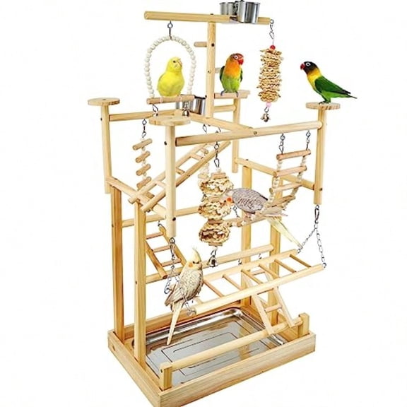Bird Playground Natural Wood Parrot Playstand With Perches Bird Play Gym Accessories Removable Tray 4 Stainless Steel Cups