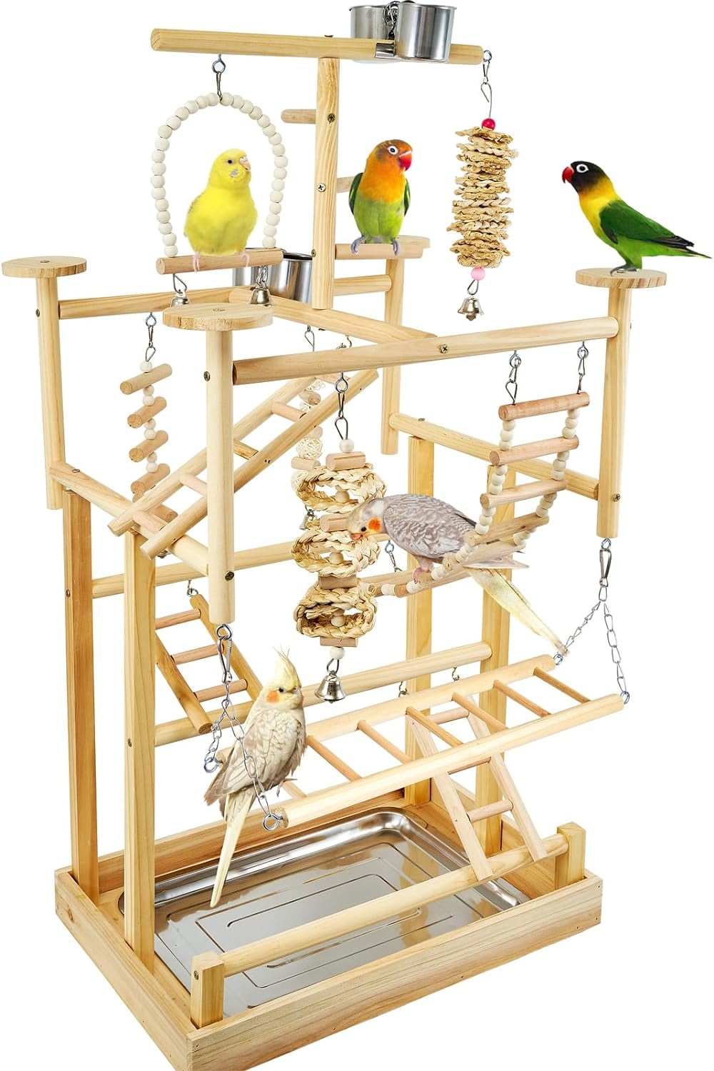 Image showcasing Bird Playground - Natural Wood Parrot Playstand with Perches, Bird Play ...
