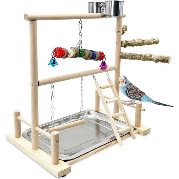 Bird Playground Parrot Perch Stand Toys, Birds Wood Play Gym Activity Center Exercise Playpen Ladder Swing with Feeder Cups Chewing Toy(Include a Tray)
