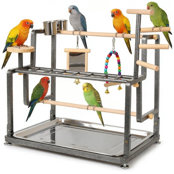 Bird Playground, Playstand for Small to Large Birds with Collapsible Metal Frame, Heavy Duty Quick-Install No Tool Request, Stand Perch Cups Mirror Swing and Ladder Platform