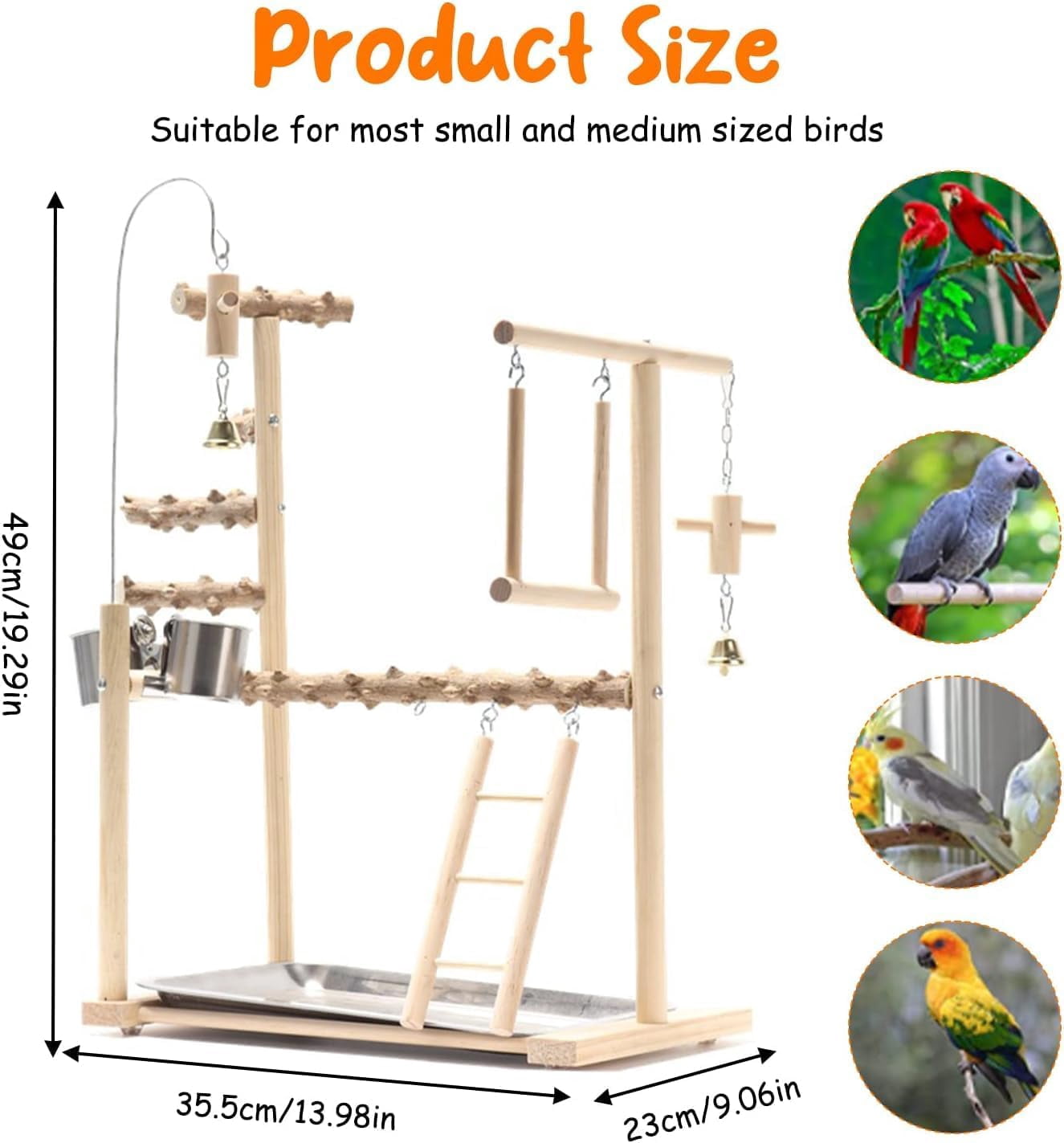 Curated visual reference: Parrot Habitats With Swing Reference: Bird Playground Wooden Perch Stand With Feeder Cups Ladder Swing